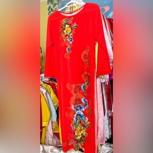 Ao dai lua in, Vietnamese traditional long dress top 4xl 12 new year 🎁 red Tết
